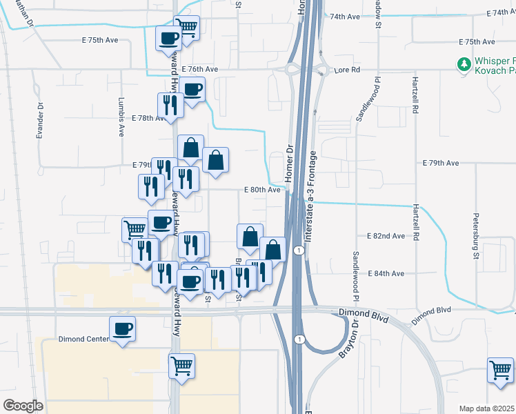 map of restaurants, bars, coffee shops, grocery stores, and more near 8020 Greenwood Street in Anchorage