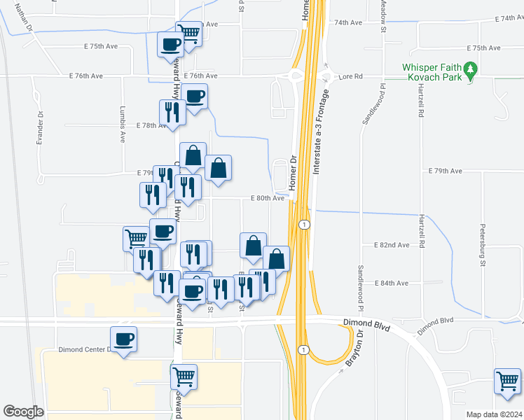 map of restaurants, bars, coffee shops, grocery stores, and more near 8100 Greenwood Street in Anchorage