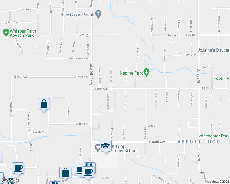 map of restaurants, bars, coffee shops, grocery stores, and more near 8148 Marsha Loop in Anchorage