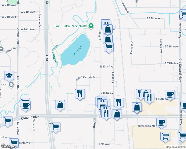 map of restaurants, bars, coffee shops, grocery stores, and more near 8000 Queen Victoria Drive in Anchorage