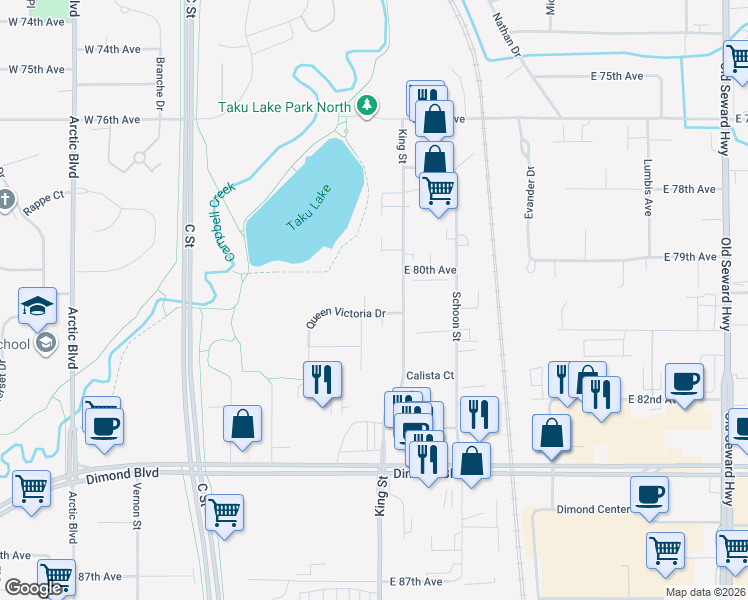 map of restaurants, bars, coffee shops, grocery stores, and more near 8050 King Street in Anchorage