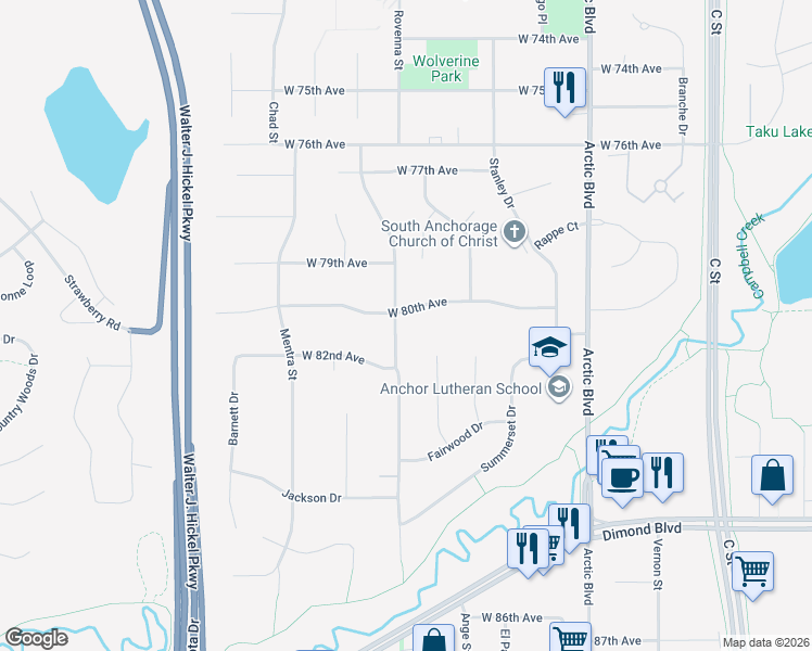 map of restaurants, bars, coffee shops, grocery stores, and more near 1025 West 80th Avenue in Anchorage