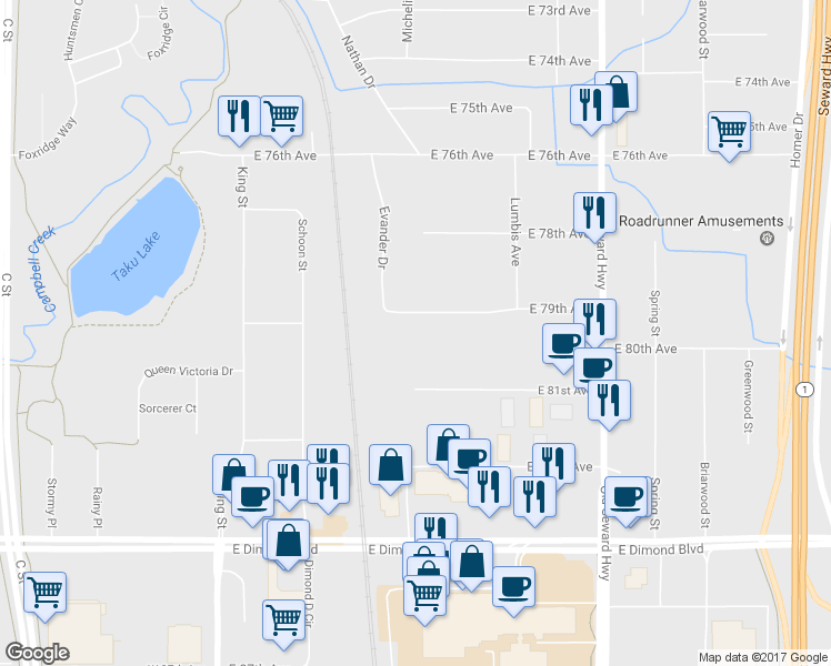 map of restaurants, bars, coffee shops, grocery stores, and more near 618 E 79th Ave in Anchorage
