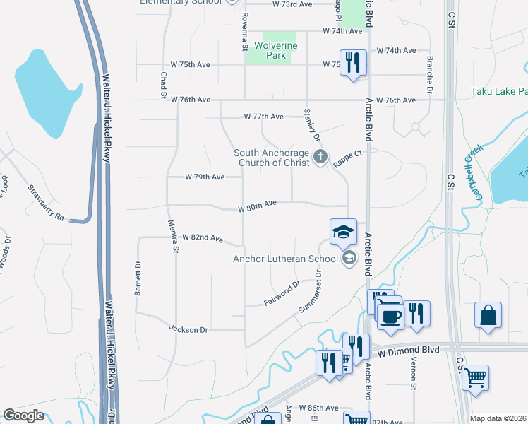 map of restaurants, bars, coffee shops, grocery stores, and more near 1002 West 80th Avenue in Anchorage