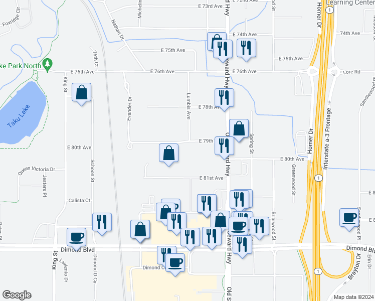 map of restaurants, bars, coffee shops, grocery stores, and more near 7839 Lumbis Avenue in Anchorage