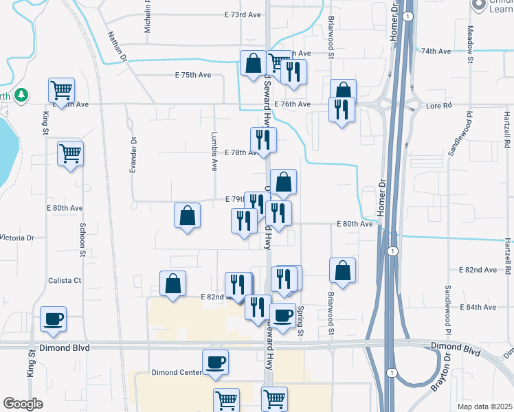 map of restaurants, bars, coffee shops, grocery stores, and more near 7926A Old Seward Highway in Anchorage