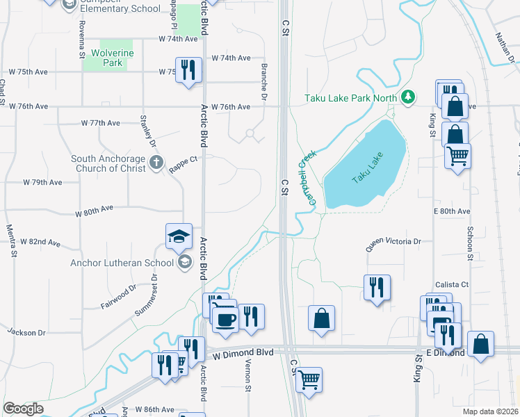 map of restaurants, bars, coffee shops, grocery stores, and more near 7883 Highlander Drive in Anchorage