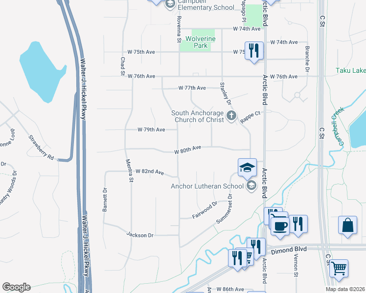 map of restaurants, bars, coffee shops, grocery stores, and more near 1025 West 80th Avenue in Anchorage