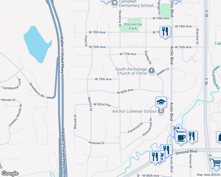 map of restaurants, bars, coffee shops, grocery stores, and more near 1127 W 80th Ave in Anchorage