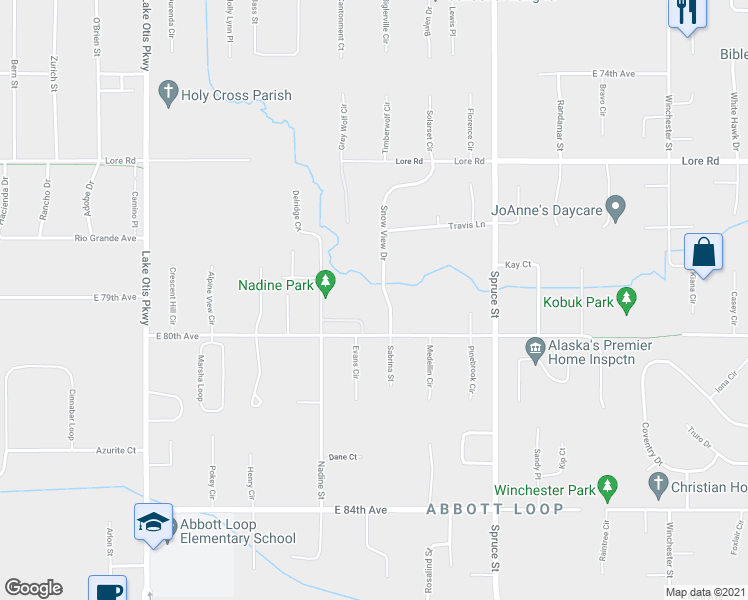 map of restaurants, bars, coffee shops, grocery stores, and more near 7930 Snow View Drive in Anchorage