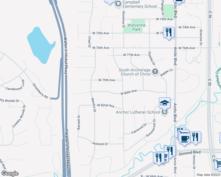 map of restaurants, bars, coffee shops, grocery stores, and more near 1127 West 80th Avenue in Anchorage