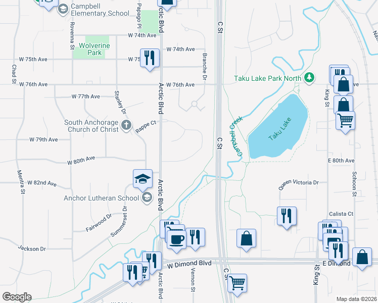 map of restaurants, bars, coffee shops, grocery stores, and more near 7883 Highlander Drive in Anchorage