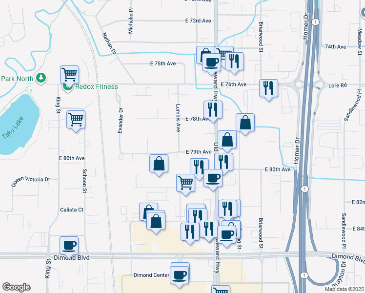 map of restaurants, bars, coffee shops, grocery stores, and more near 7839 Lumbis Avenue in Anchorage