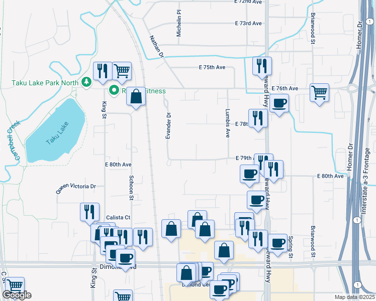 map of restaurants, bars, coffee shops, grocery stores, and more near 618 East 79th Avenue in Anchorage