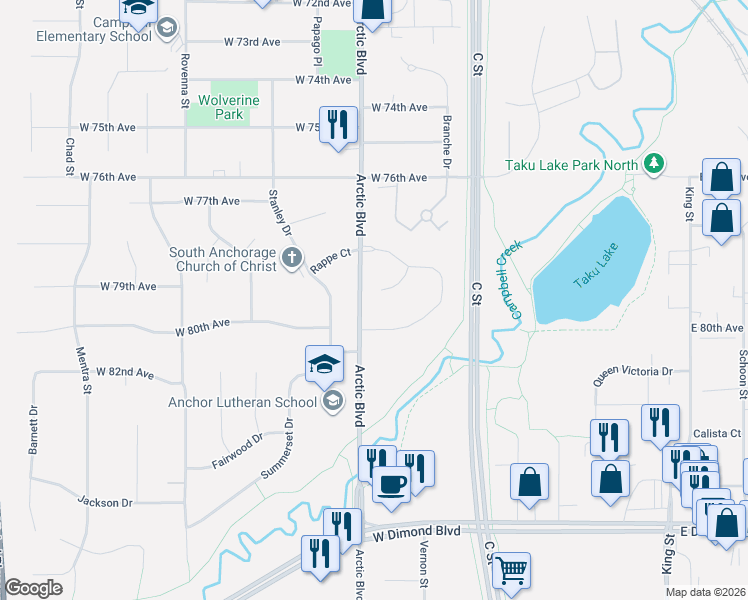 map of restaurants, bars, coffee shops, grocery stores, and more near in Anchorage