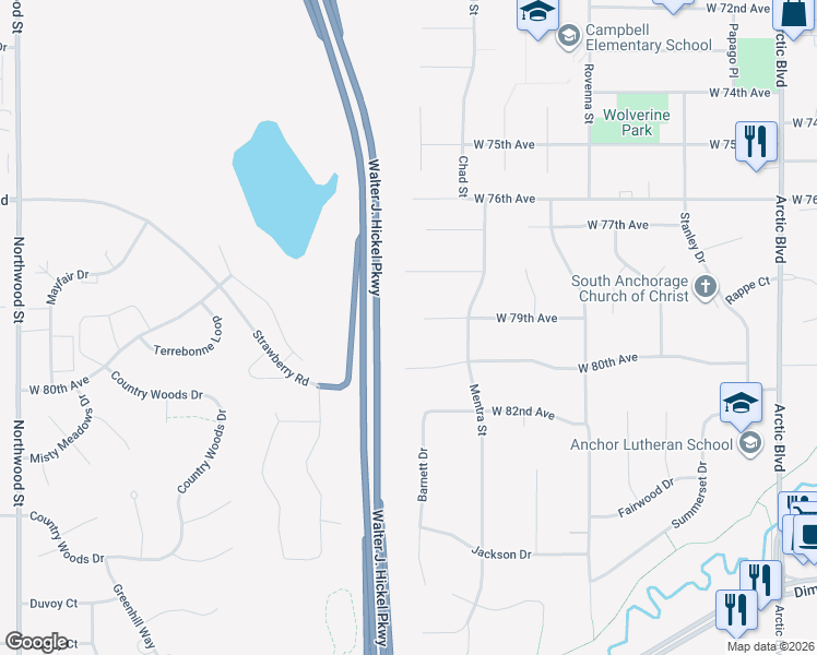 map of restaurants, bars, coffee shops, grocery stores, and more near 1341 West 80th Avenue in Anchorage