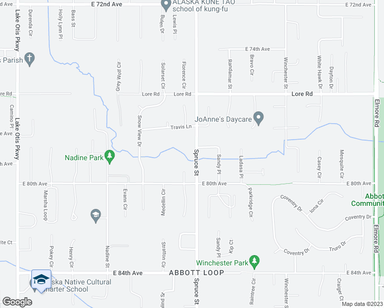 map of restaurants, bars, coffee shops, grocery stores, and more near 7852 Spruce Street in Anchorage