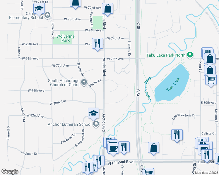 map of restaurants, bars, coffee shops, grocery stores, and more near 7601 Highlander Drive in Anchorage