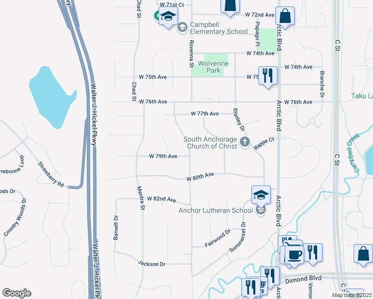 map of restaurants, bars, coffee shops, grocery stores, and more near 7801 Rovenna Street in Anchorage