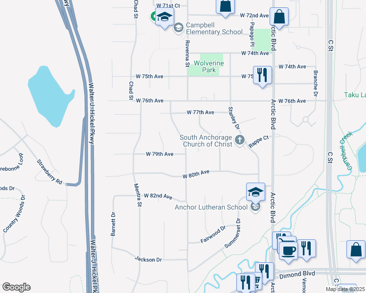 map of restaurants, bars, coffee shops, grocery stores, and more near 7801 Rovenna Street in Anchorage