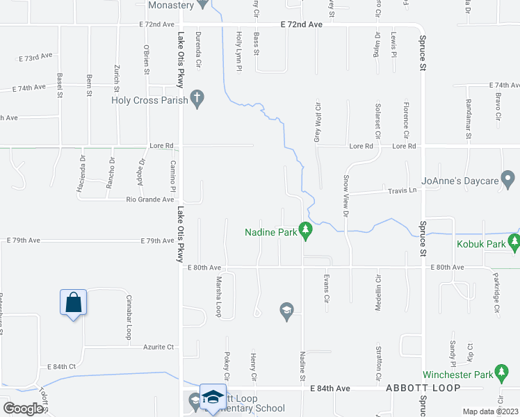 map of restaurants, bars, coffee shops, grocery stores, and more near 7801 Moose Run Circle in Anchorage