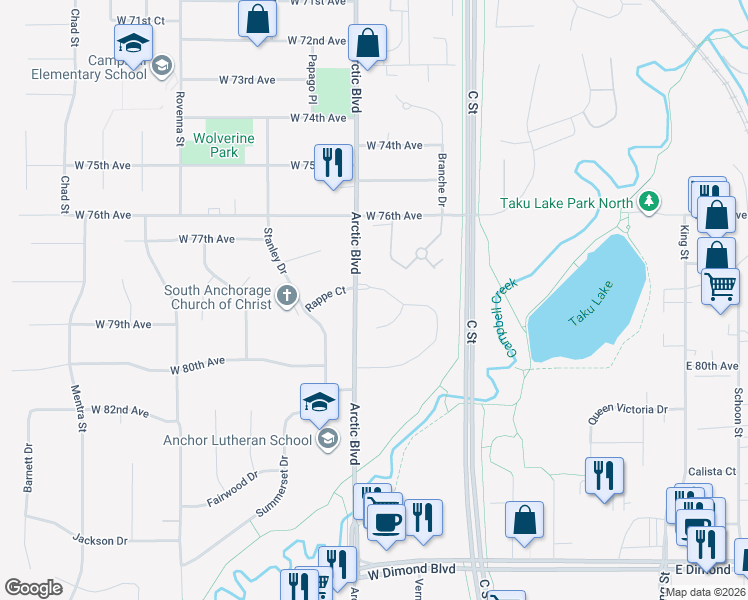 map of restaurants, bars, coffee shops, grocery stores, and more near 7601 Highlander Drive in Anchorage