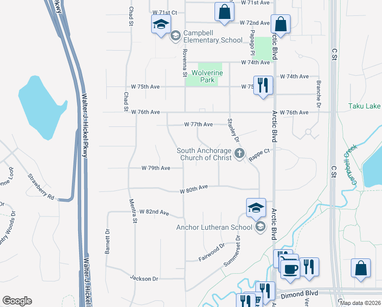 map of restaurants, bars, coffee shops, grocery stores, and more near 7808 Raymar Circle in Anchorage