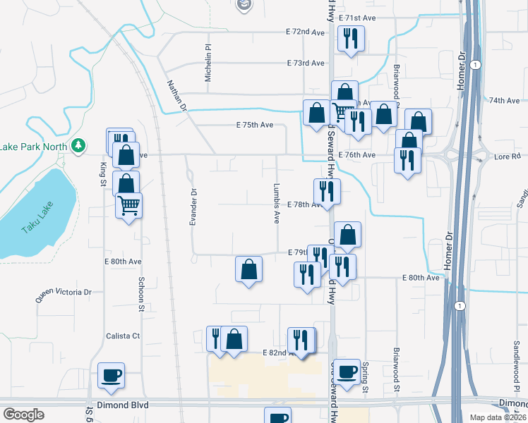map of restaurants, bars, coffee shops, grocery stores, and more near 838 East 78th Avenue in Anchorage