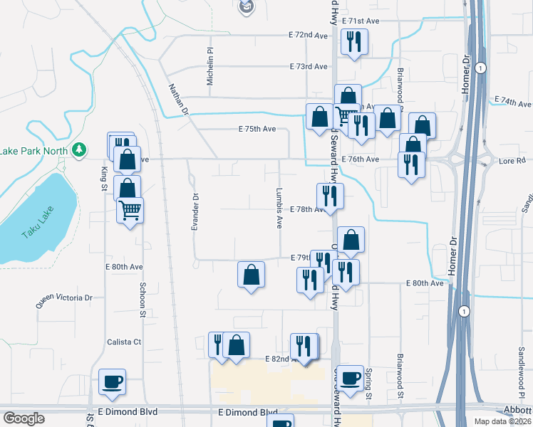 map of restaurants, bars, coffee shops, grocery stores, and more near 838 East 78th Avenue in Anchorage