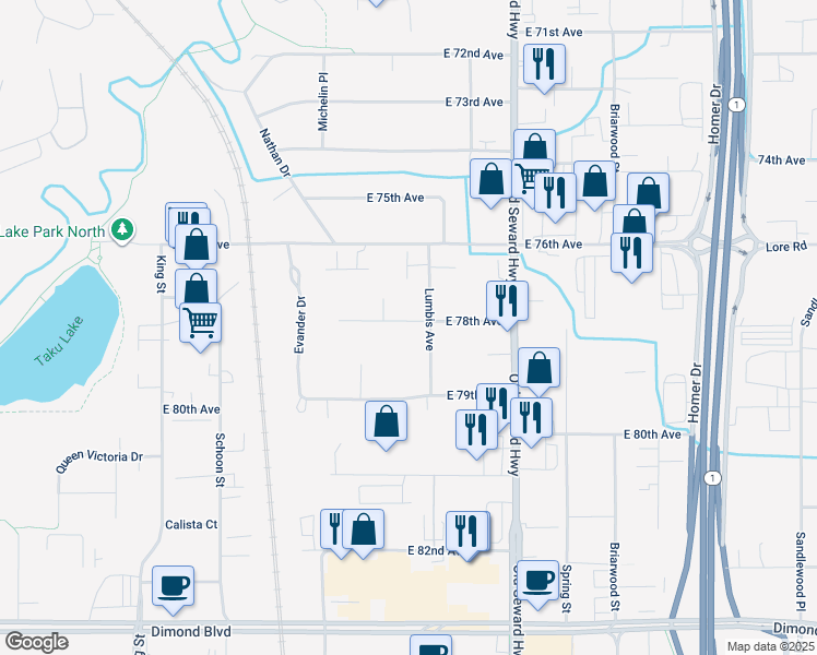 map of restaurants, bars, coffee shops, grocery stores, and more near 838 East 78th Avenue in Anchorage