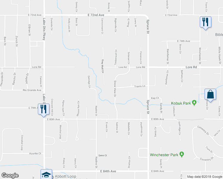map of restaurants, bars, coffee shops, grocery stores, and more near 7728 Snow View Drive in Anchorage