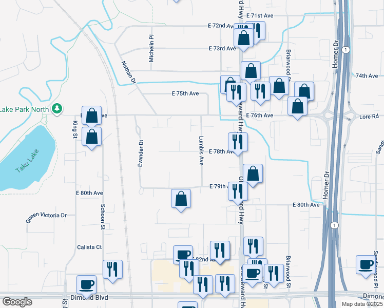 map of restaurants, bars, coffee shops, grocery stores, and more near 838 East 78th Avenue in Anchorage