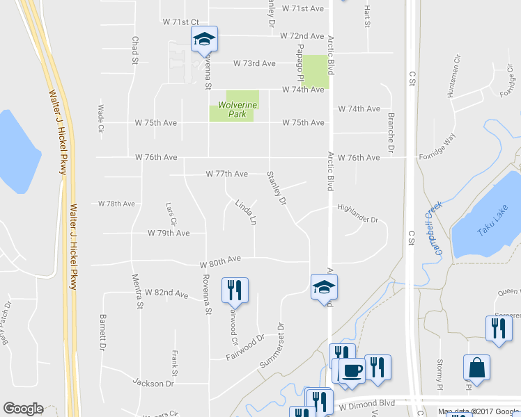 map of restaurants, bars, coffee shops, grocery stores, and more near 910 Jayme Court in Anchorage