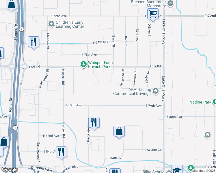 map of restaurants, bars, coffee shops, grocery stores, and more near 7770 Little Bend Circle in Anchorage