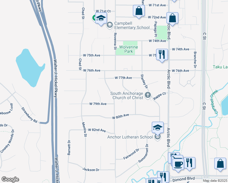 map of restaurants, bars, coffee shops, grocery stores, and more near 7801 Rovenna Street in Anchorage