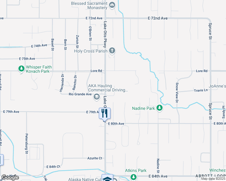 map of restaurants, bars, coffee shops, grocery stores, and more near 7707 Lake Otis Parkway in Anchorage