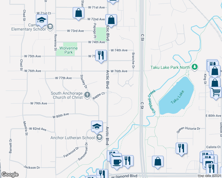map of restaurants, bars, coffee shops, grocery stores, and more near 7601 Highlander Drive in Anchorage