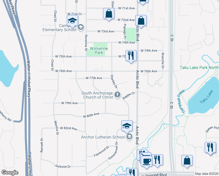 map of restaurants, bars, coffee shops, grocery stores, and more near 910 Jayme Court in Anchorage