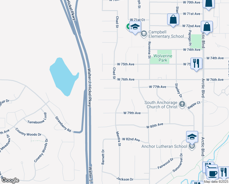 map of restaurants, bars, coffee shops, grocery stores, and more near 1300 West 78th Avenue in Anchorage