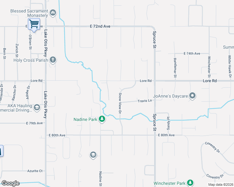 map of restaurants, bars, coffee shops, grocery stores, and more near 7672 Snow View Drive in Anchorage