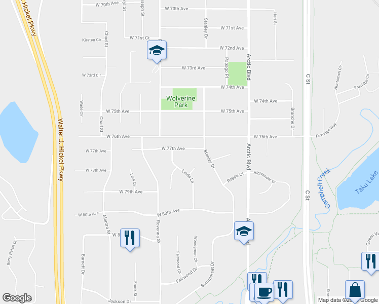 map of restaurants, bars, coffee shops, grocery stores, and more near 924 West 77th Avenue in Anchorage