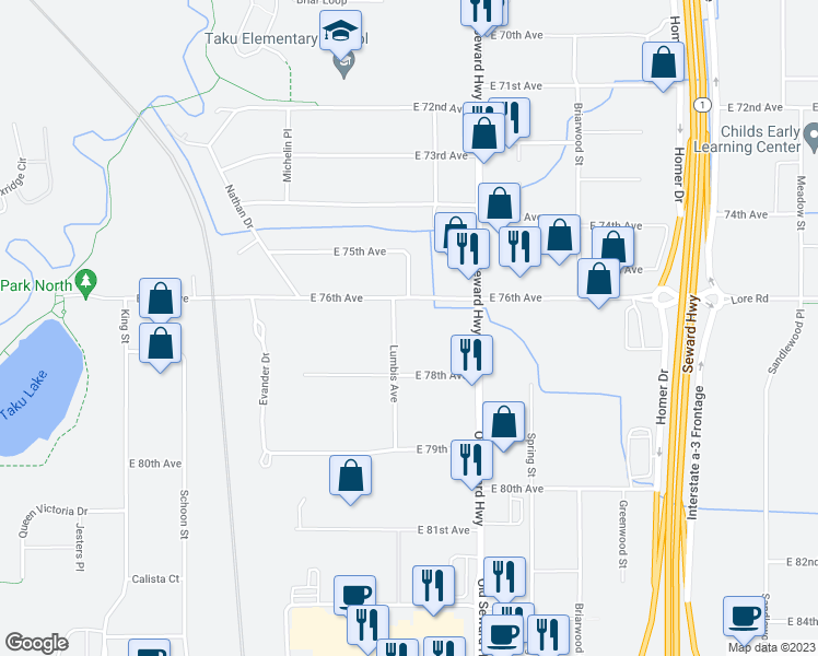 map of restaurants, bars, coffee shops, grocery stores, and more near 2717 East 75th Avenue in Anchorage