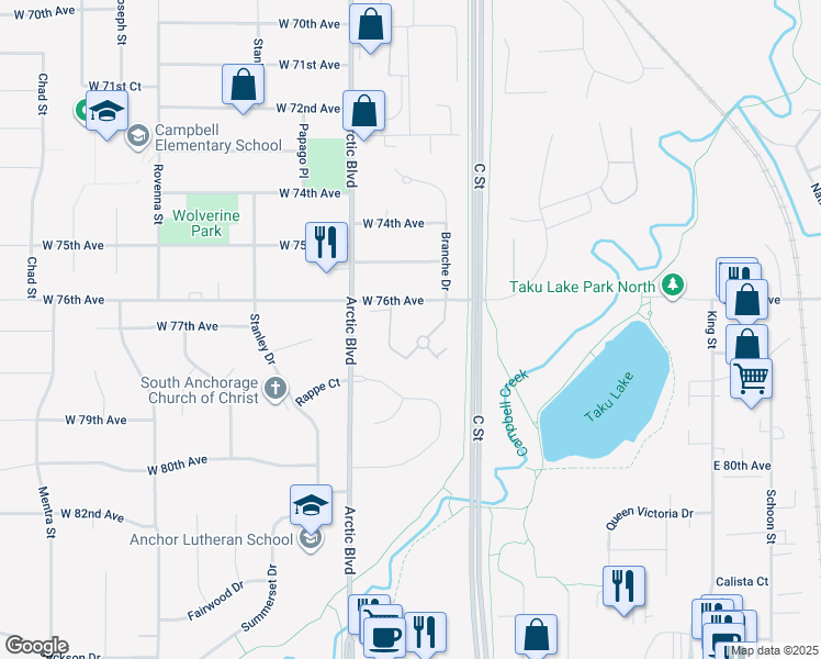 map of restaurants, bars, coffee shops, grocery stores, and more near 400 West 76th Avenue in Anchorage