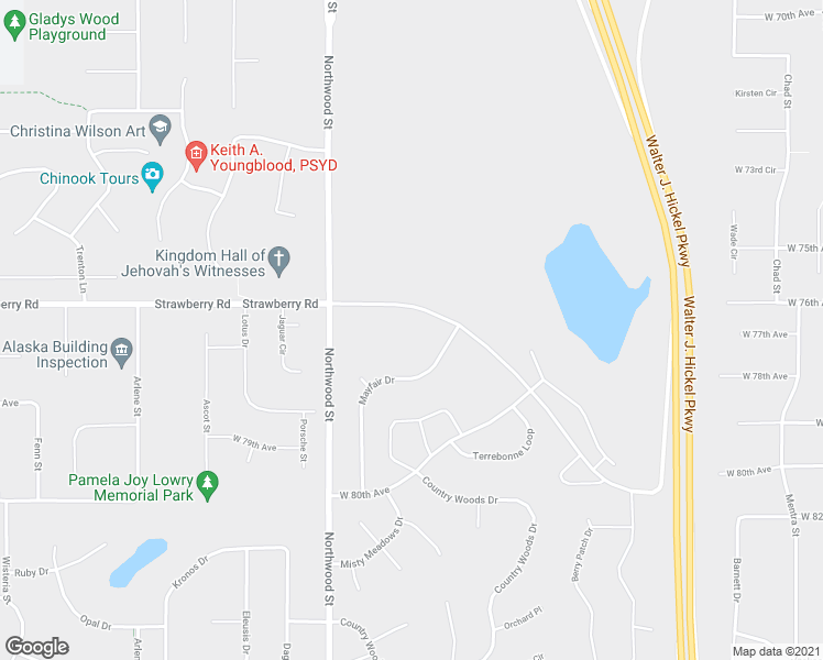 map of restaurants, bars, coffee shops, grocery stores, and more near 2100 Strawberry Road in Anchorage