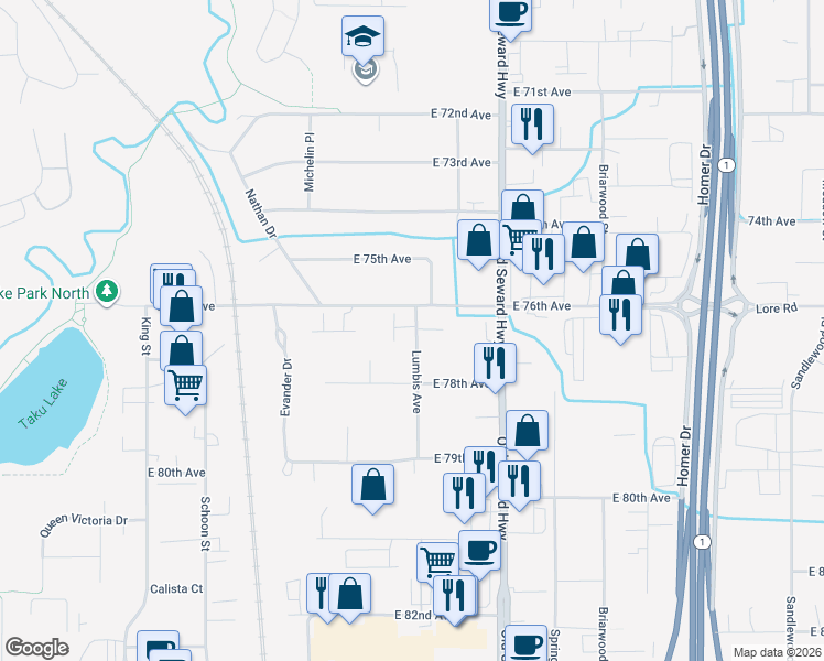 map of restaurants, bars, coffee shops, grocery stores, and more near 719 East 76th Avenue in Anchorage