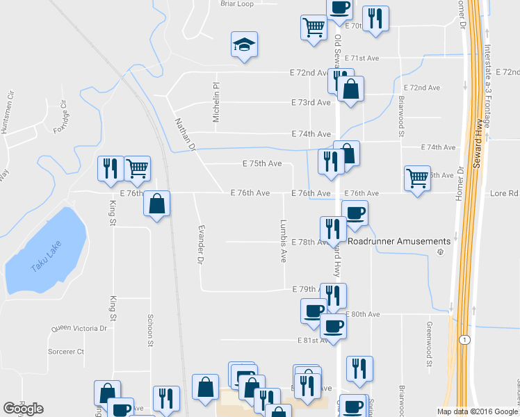 map of restaurants, bars, coffee shops, grocery stores, and more near 659 East 76th Avenue in Anchorage