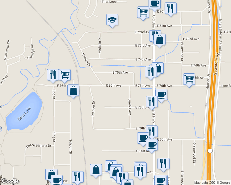 map of restaurants, bars, coffee shops, grocery stores, and more near 659 East 76th Avenue in Anchorage