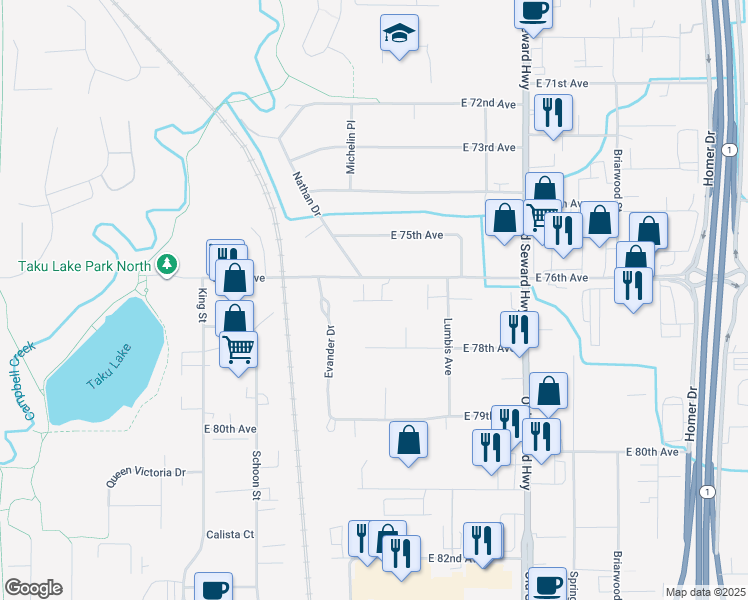 map of restaurants, bars, coffee shops, grocery stores, and more near 410 East 76th Avenue in Anchorage