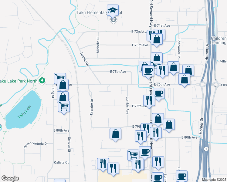 map of restaurants, bars, coffee shops, grocery stores, and more near 724 East 76th Avenue in Anchorage