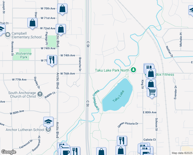 map of restaurants, bars, coffee shops, grocery stores, and more near 7545 Foxridge Way in Anchorage